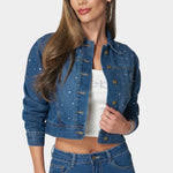 Denim Jacket With Rhinestones - Medium Wash / L - Picture 1 of 4